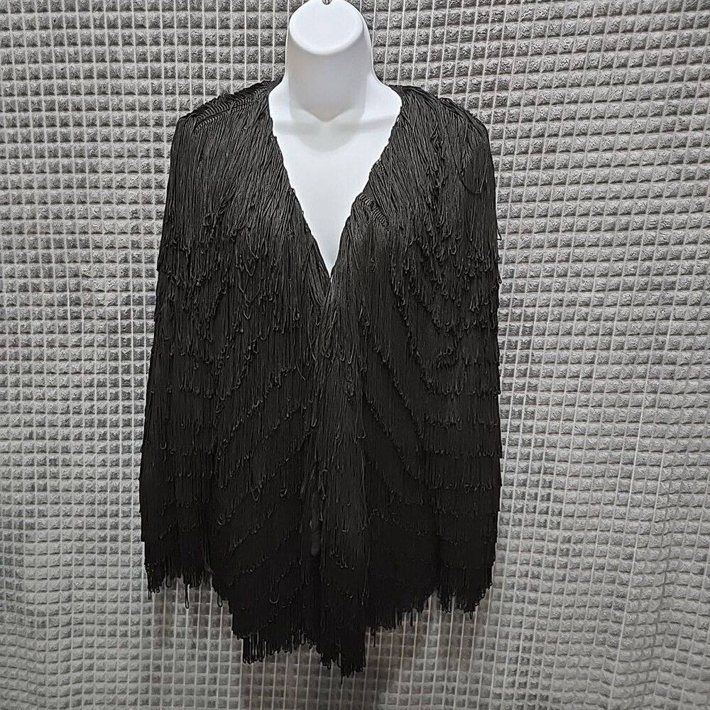 Anthropologie Black Fringe Open Jacket Lg Festival Party Dance Glam Retro Baddie
